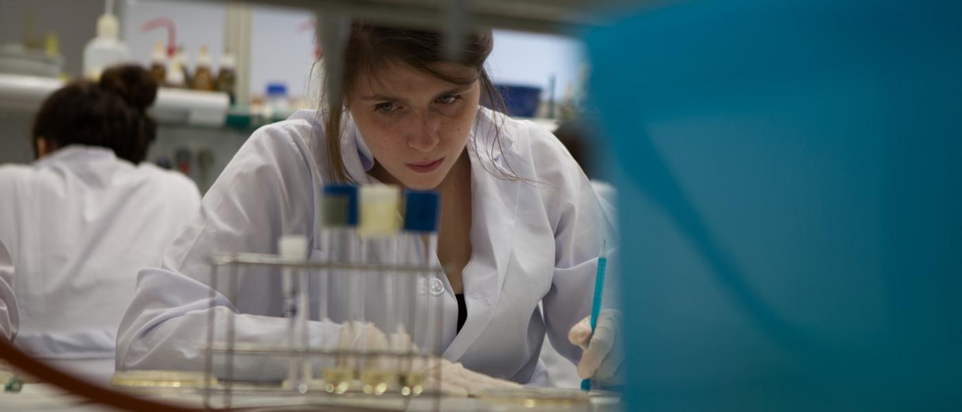 在塞维利亚，一名女大学生坐在实验室的桌子前记录数据